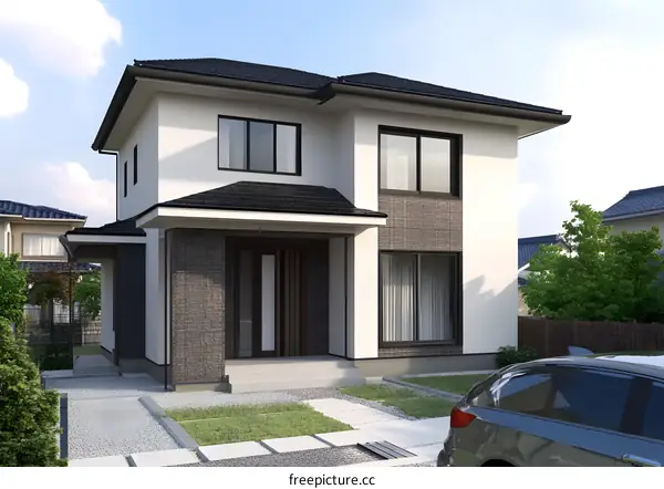 Modern Two Story House Exterior Design With Gray Car