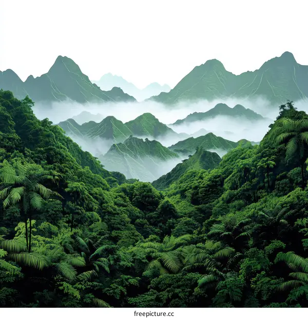 Misty Mountain Range Lush Tropical Forest Scenery