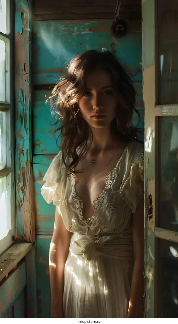 Woman in White Dress Standing in Front of Old Wooden Door