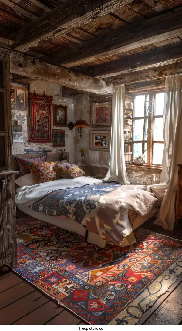 Rustic Vintage Bedroom with Intricate Rug