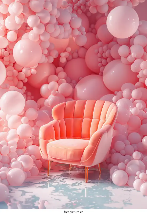Indoor Pink Armchair Surrounded by Balloons in a Room