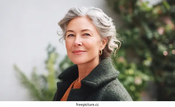 Gray-haired woman in green coat standing outdoors