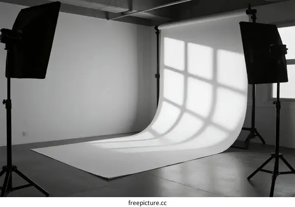 Studio lighting setup with white backdrop and light shadows