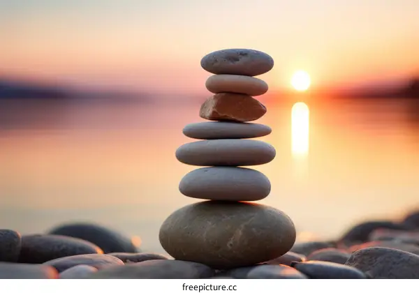 Balancing pebbles on beach at sunset