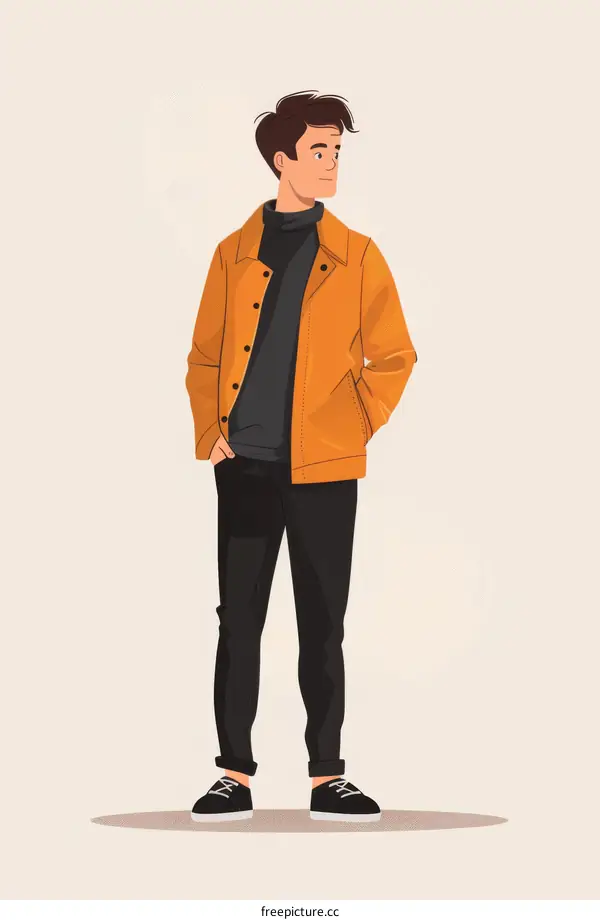 A young man wearing a brown jacket and black pants