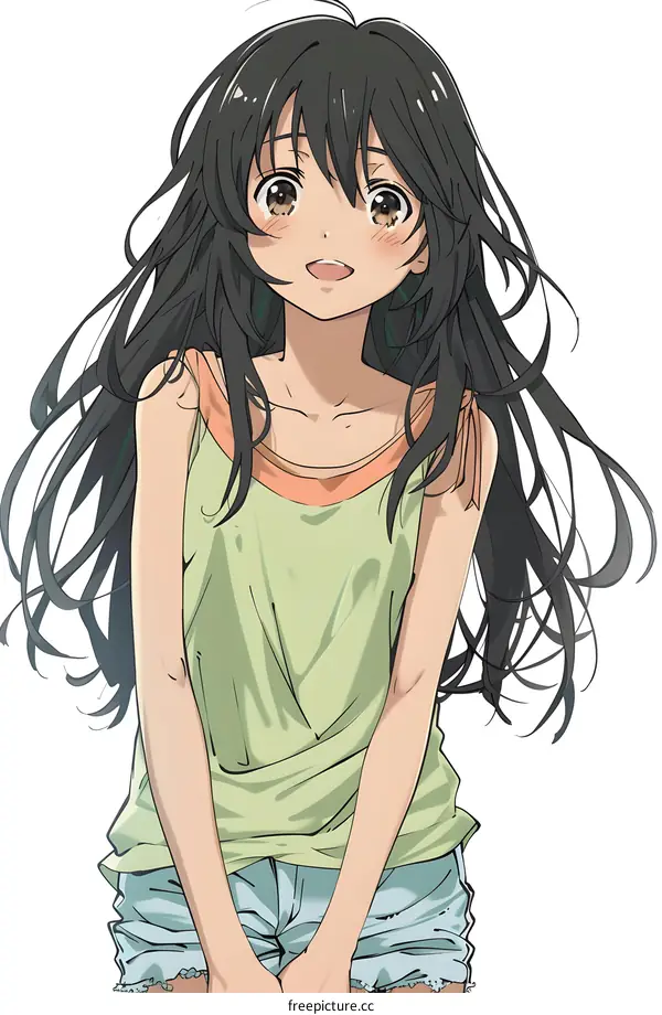 Anime Girl with Long Black Hair Wearing Green Tank Top and Blue Shorts