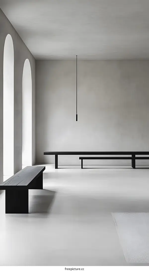 Minimalist Modern Interior Design with White Walls and Black Benches