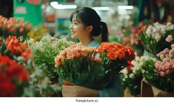 Asian Woman Choosing Flowers at a Flower Market