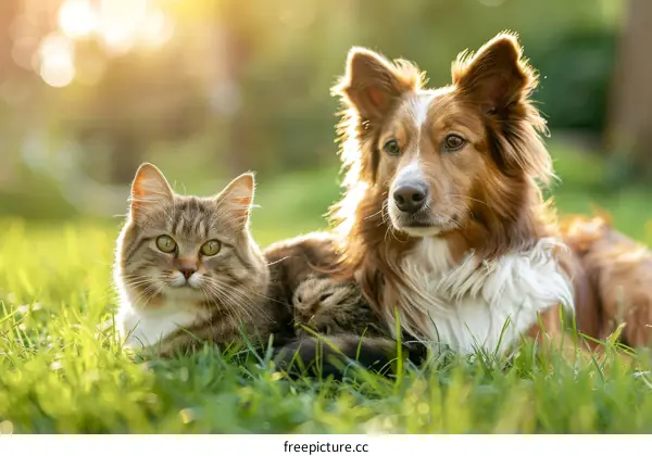 A Fluffy Cat and a Dog Resting Together in the Grass