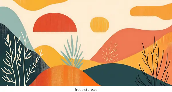 Abstract Landscape Illustration with  Sunset and Hills