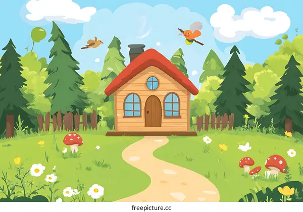 Cartoon Illustration of a Wooden House in a Forest