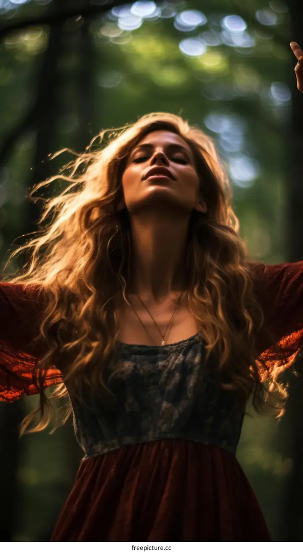 Young woman with long blond hair standing in a forest with her arms outstretched