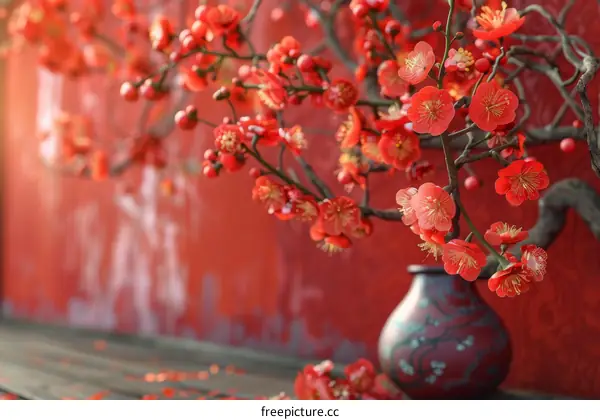 Exquisite Red Plum Blossoms in a Delicate Blue and White Porcelain Vase