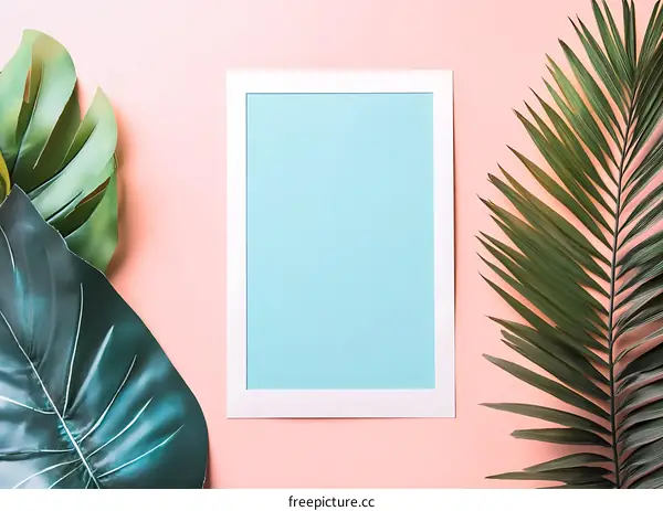 Tropical Leaves with White Frame on Pink Background