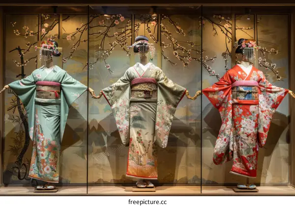 Traditional Japanese Kimono Display in a Store Window