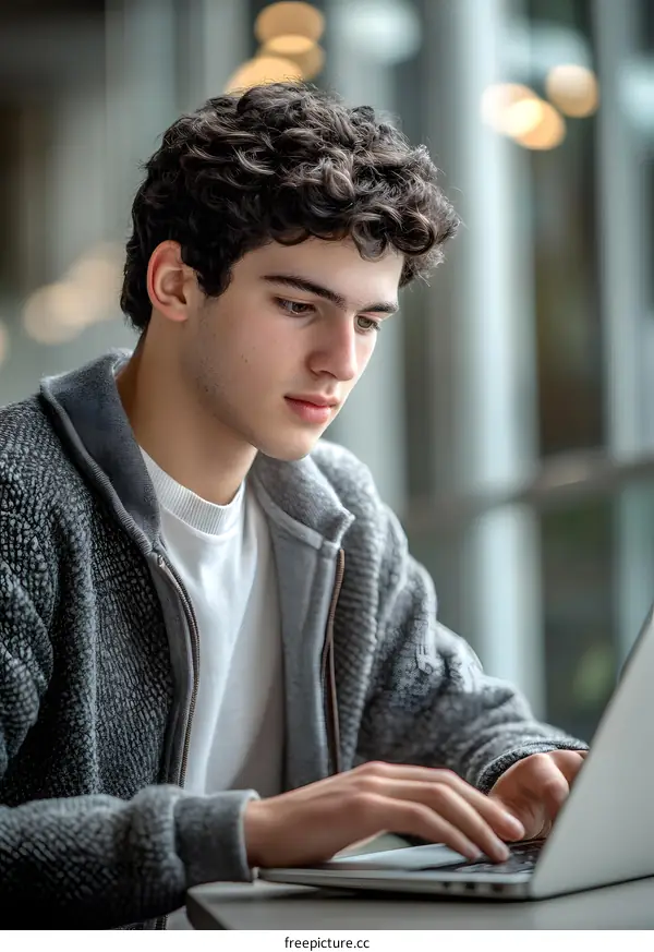 Young Man Working on Laptop in Cafe