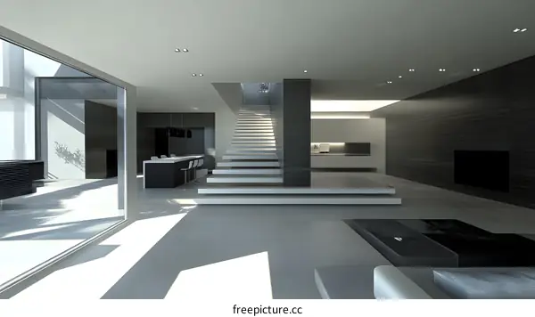 Modern Interior Design with White Stairs and Black Furniture