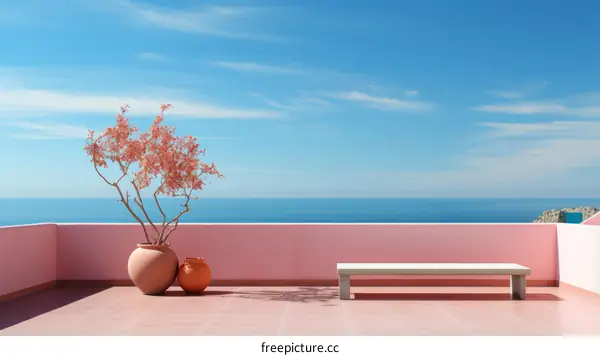 A beautiful view of the Mediterranean Sea from a terrace in Santorini, Greece