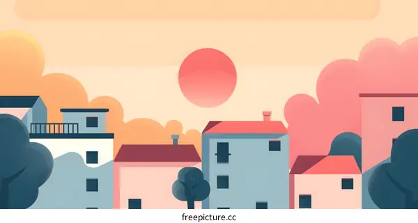Simple Illustration of a Small Town with a Big Red Sun