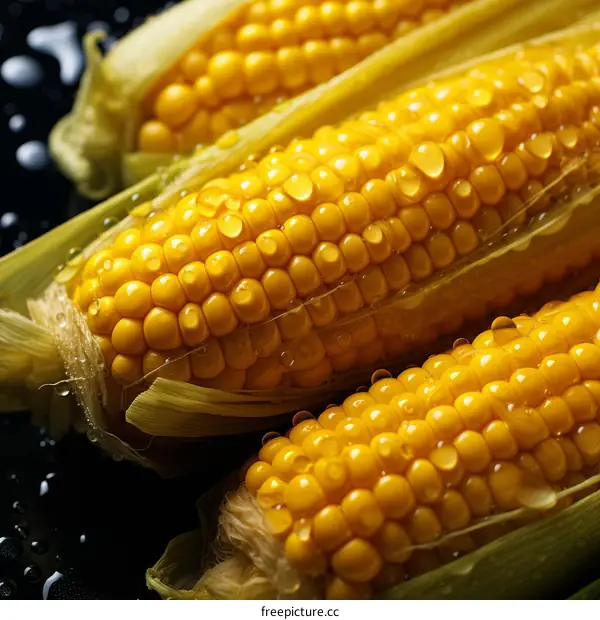 Close-up of yellow corncobs with water drops