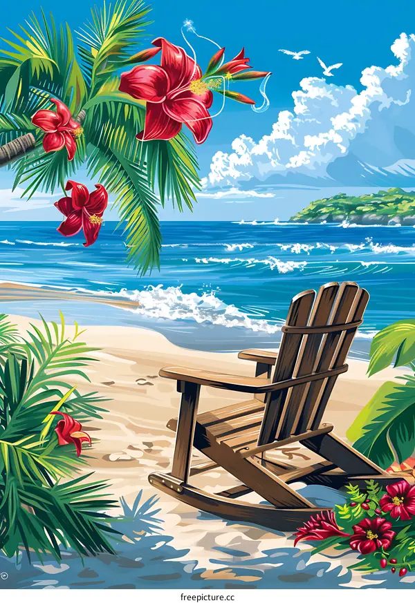 Relaxing Tropical Beach Scene with Rocking Chair and Palm Trees