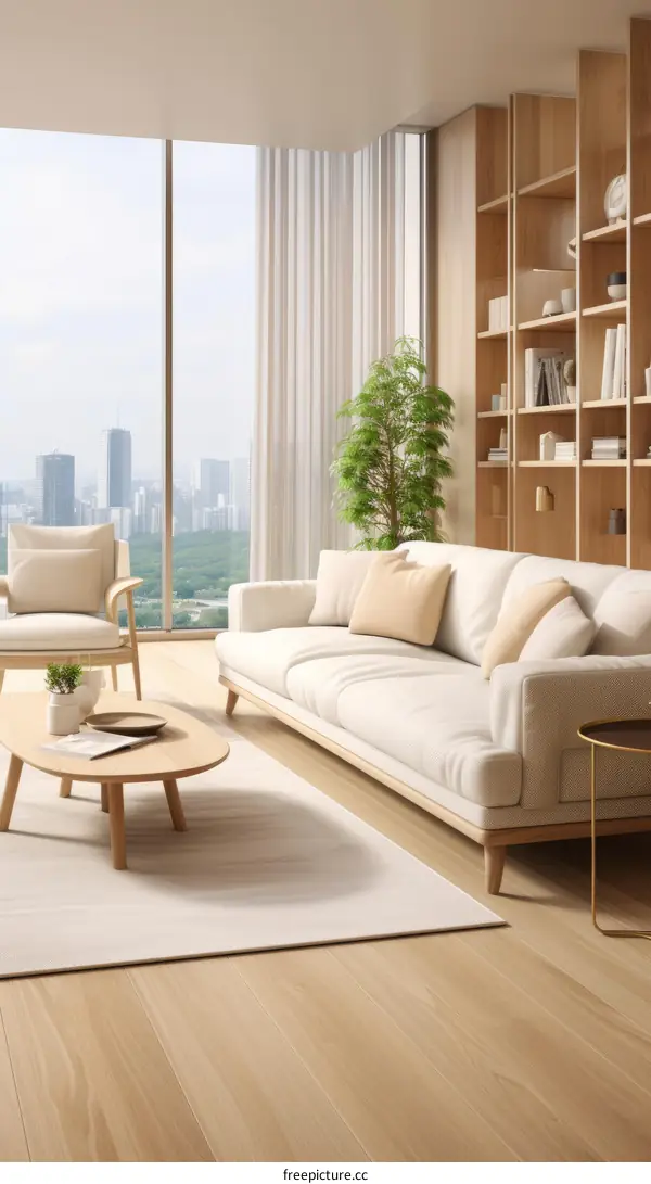 Bright airy living room with large windows and a tree