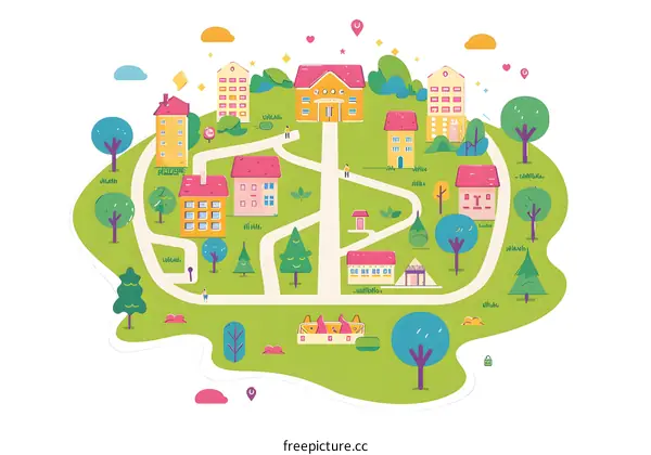 Cartoon Illustration of a Small Town With Colorful Buildings and Winding Roads