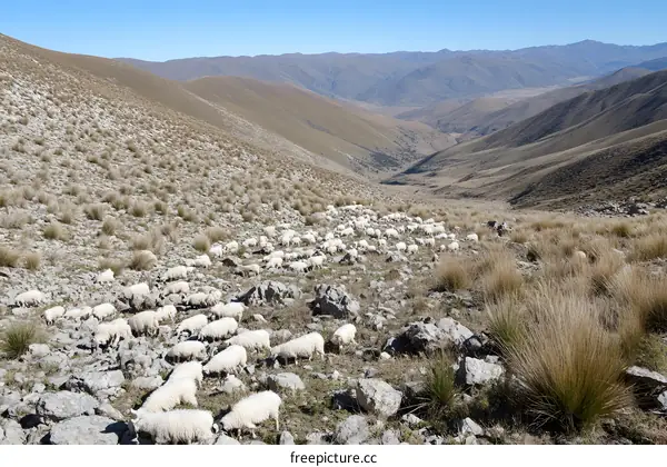 Flock of Sheep Grazing in the Mountains