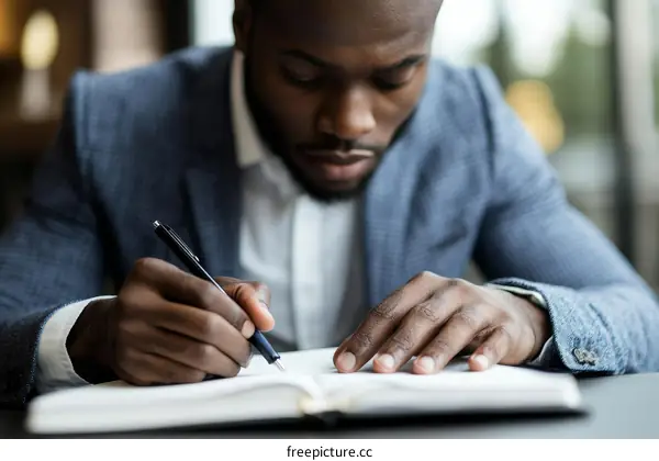 African Businessman Writing in Notebook