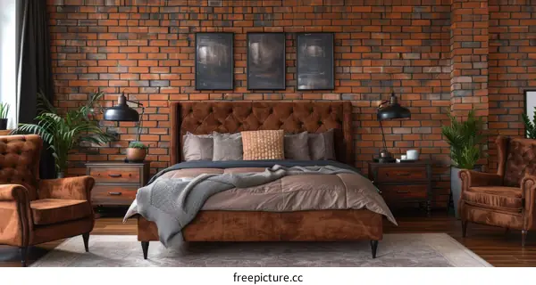 Comfy, Cozy Bedroom with Exposed Brick Wall