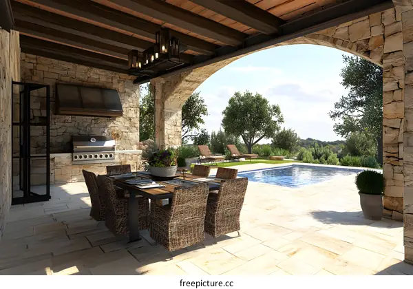 Outdoor Patio Design With Stone Walls and Swimming Pool