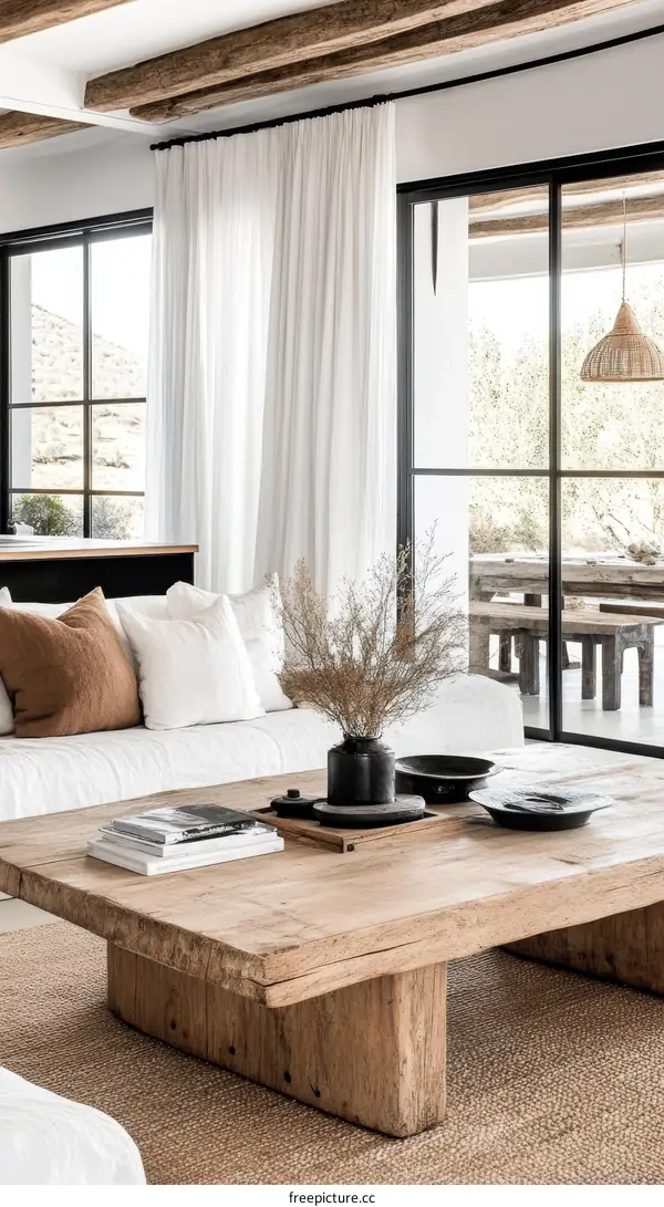 Modern Minimalist Wooden Coffee Table in a Bright Living Room