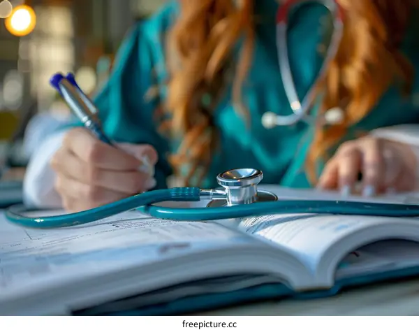 Redhead female doctor writing in a notebook