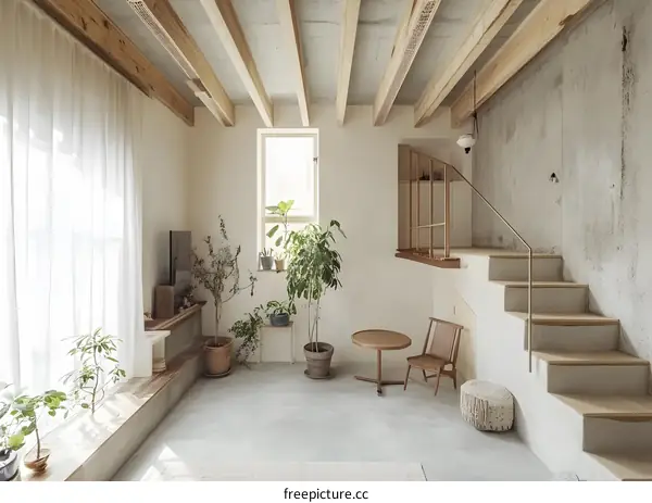 Modern Minimalist Interior Design with Wooden Beams and Staircase