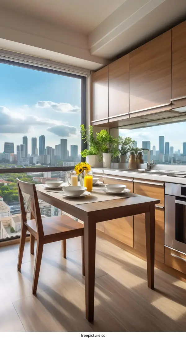 kitchen interior with large windows and city view