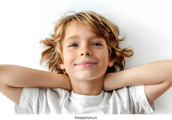 Portrait of a happy smiling child with blond hair and blue eyes