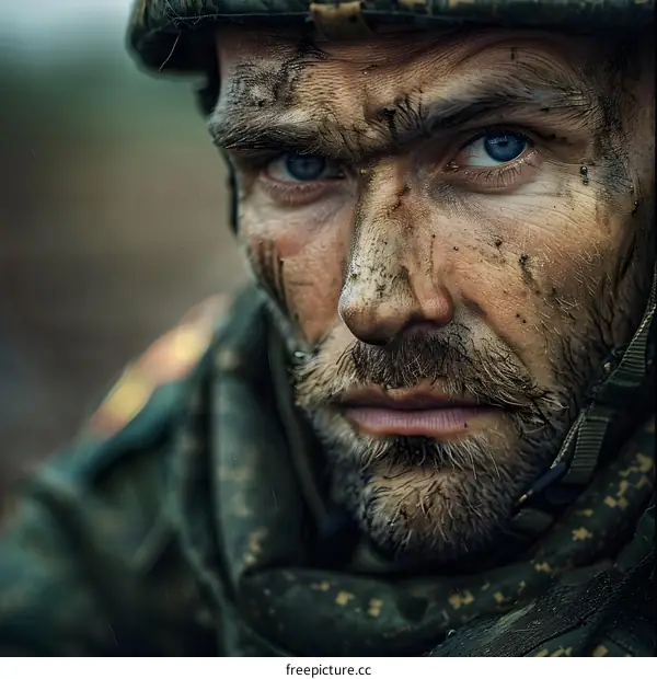 Close Up Portrait of a Soldier Covered in Mud