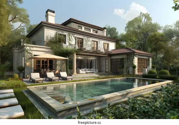 Luxury Villa Exterior with Swimming Pool and Garden