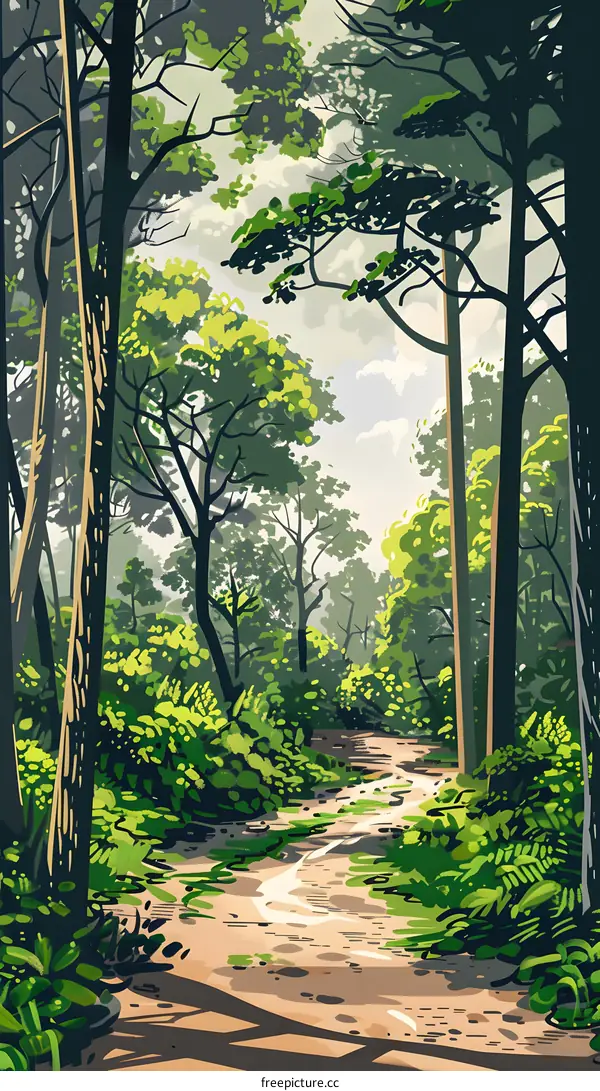 Forest Path Illustration with Lush Greenery and Sunlight