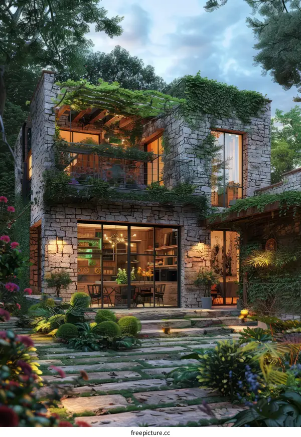 Modern Stone House Exterior With Plants