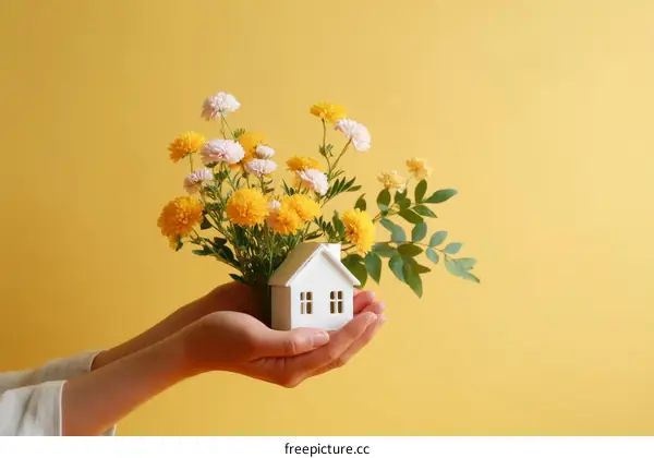 Hands Holding a Miniature House Surrounded by Flowers on a Yellow Background