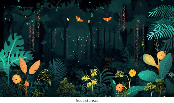 Tropical Forest Illustration with Birds and Flowers