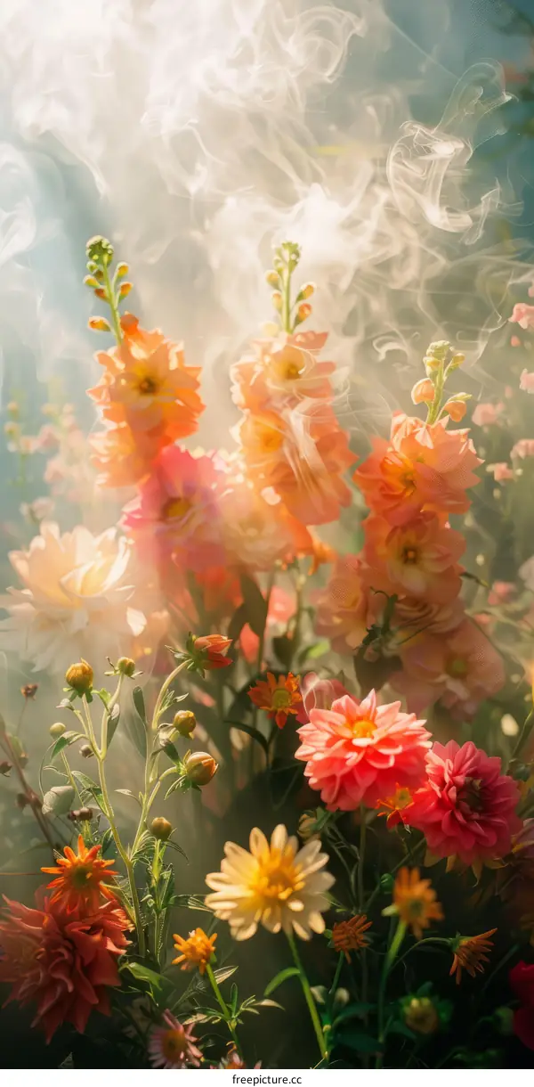 A bouquet of vibrant flowers against a smoky backdrop