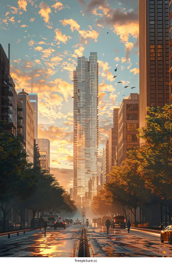 A modern city street with a tall skyscraper in the background