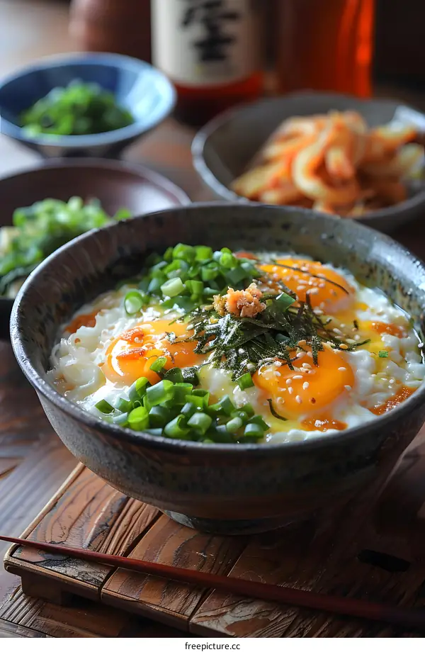 A delicious bowl of Japanese rice topped with egg, seaweed, and green onions