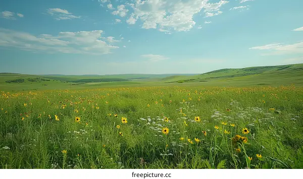 Green rolling hills with wildflowers under a blue sky