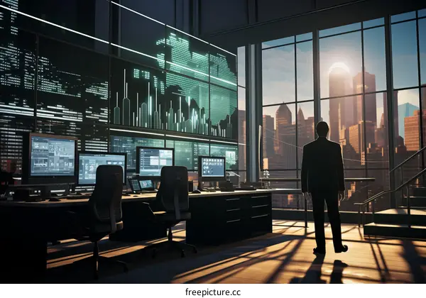 Businessman looking at city skyline from office