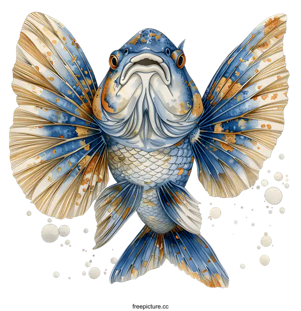 [Transparent Background PNG]A watercolor painting of a blue and yellow fish with its fins spread out.