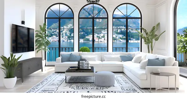 Modern Living Room with Large Windows and a View of Mountains and the Sea