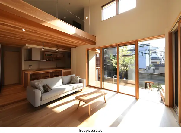 Modern Living Room With Wooden Floor and Sliding Doors to Backyard
